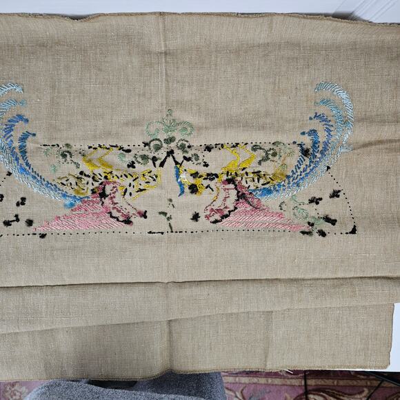 Vintage unfinished embroidered birds crash linen and floss 28 x 32 - Picture 9 of 9